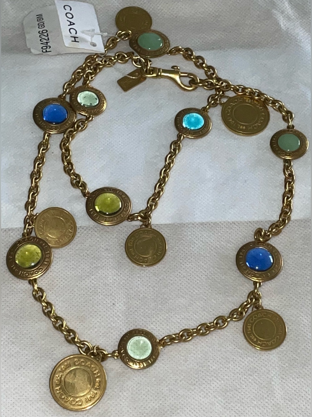 Coach Signature Medallion Charm Dangle Pendants Goldtone 33” Long Necklace Chain
